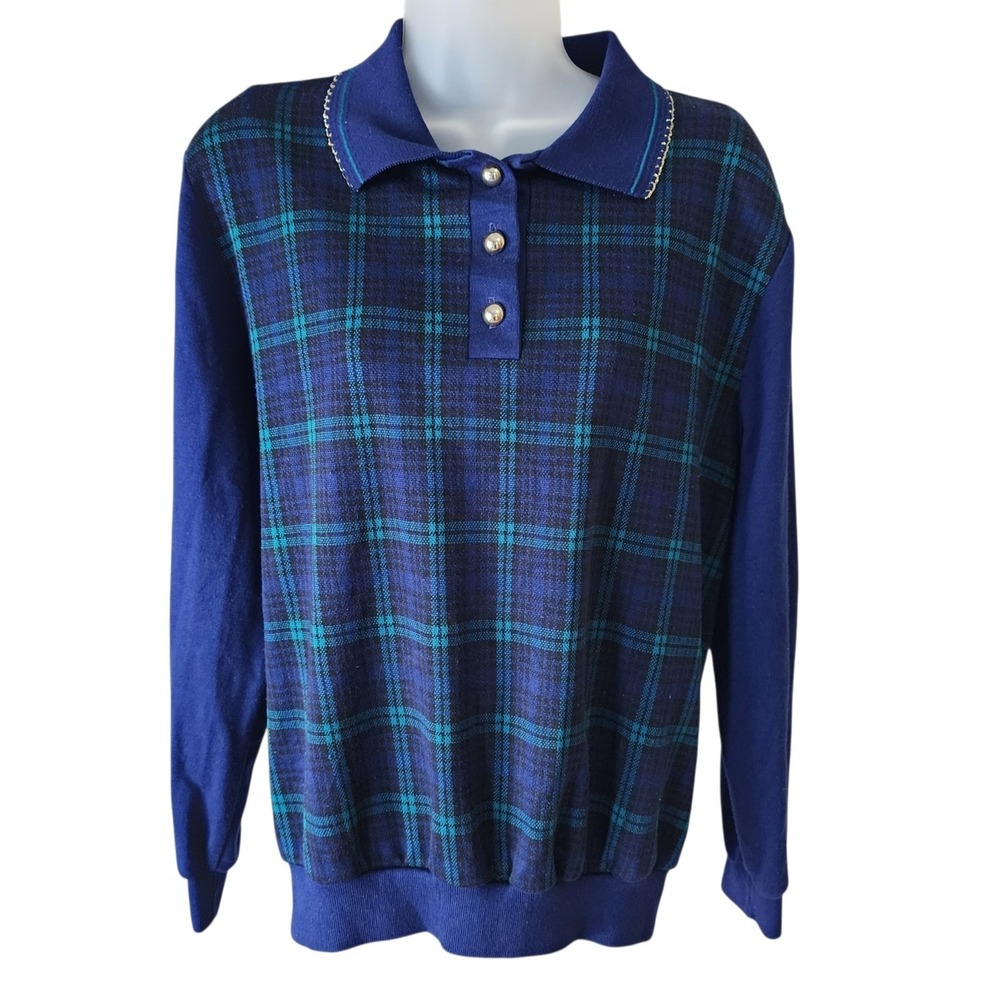 Vintage Cape Cod Sportswear Plaid Sweater Women's M Blue Collared Pullover Knit